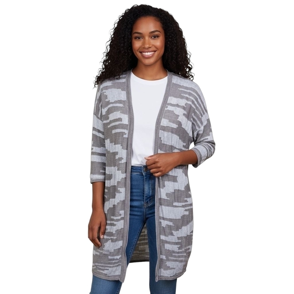 Chicos Easy Wear Women L Taupe Lighweight Open Cardigan Abstract Geometric Print